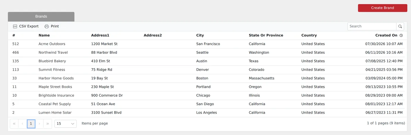Brands list with nine client brands, each with its own address