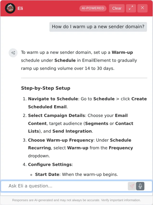 Eli chat panel answering how to warm up a new sender domain with step-by-step instructions