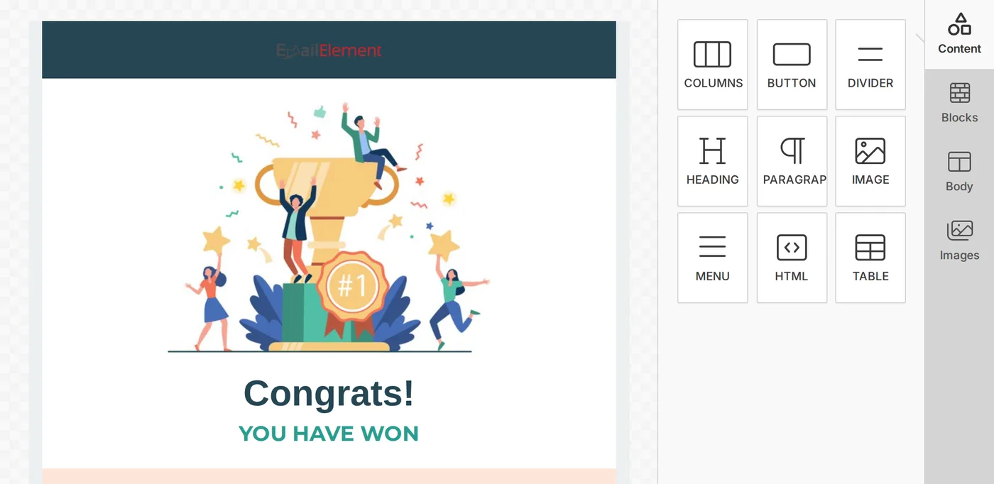 Drag-and-drop email editor with a gallery template open and the content blocks panel beside it