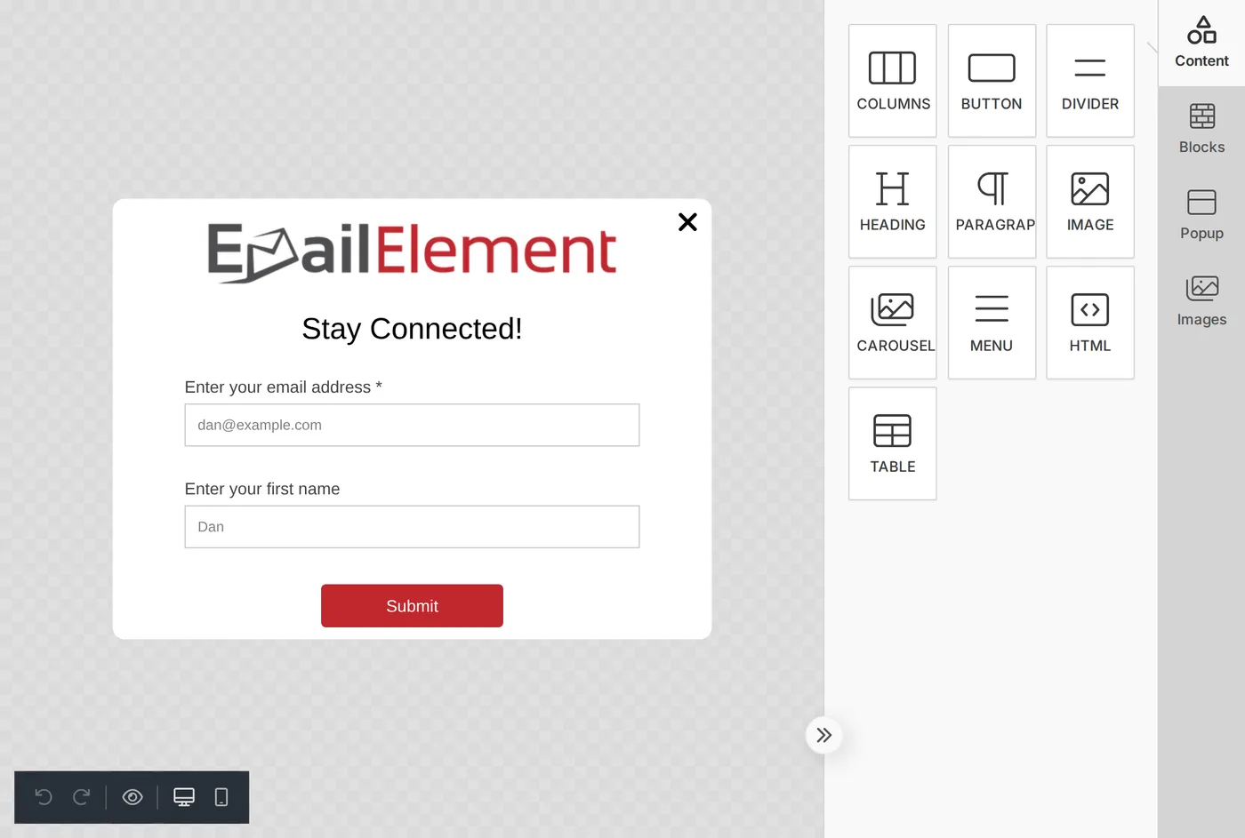 Popup editor showing a Stay Connected signup form with email and first name fields