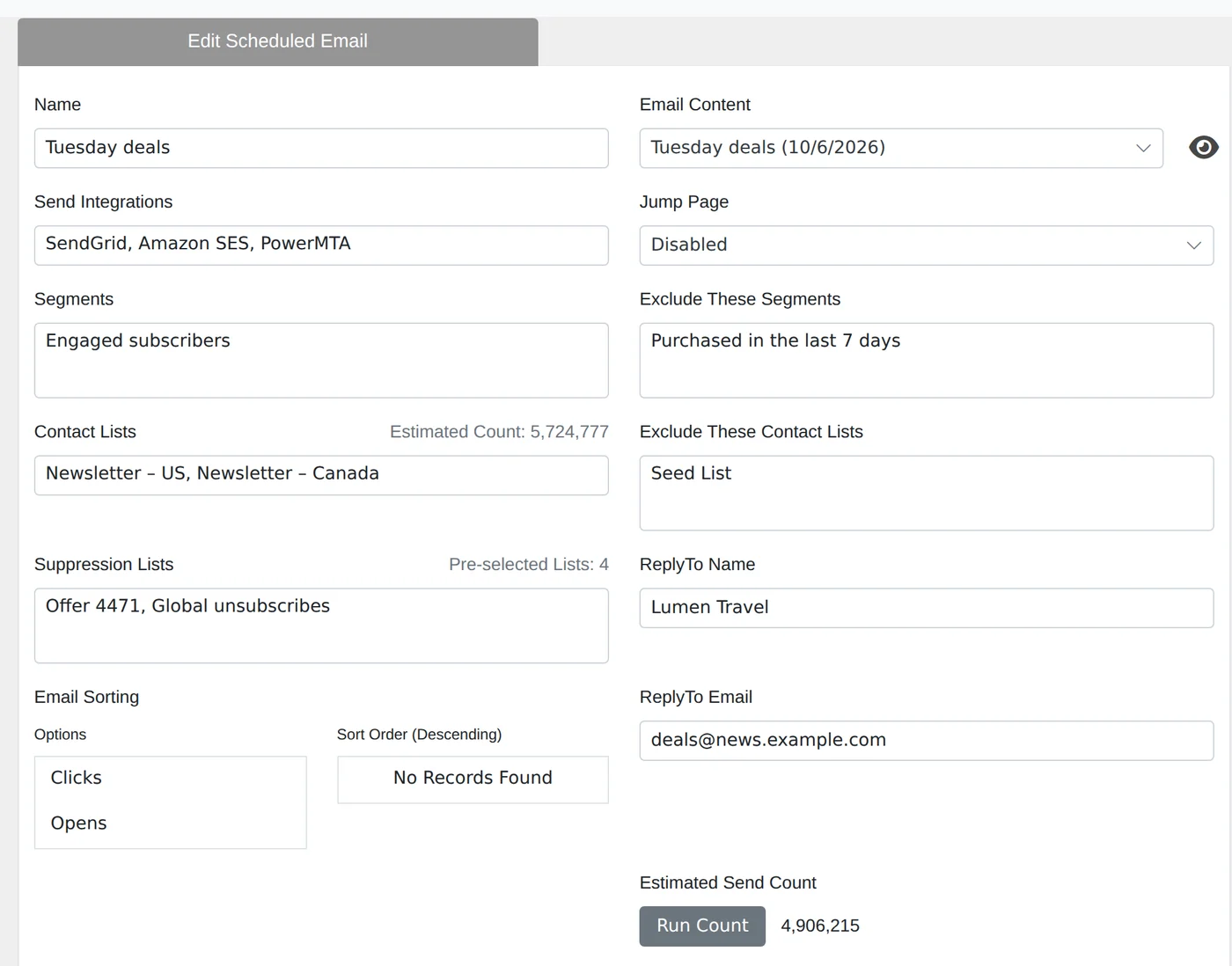 Scheduled email with its content, three sending providers, segments, contact lists, exclusions, suppression lists and the estimated send count