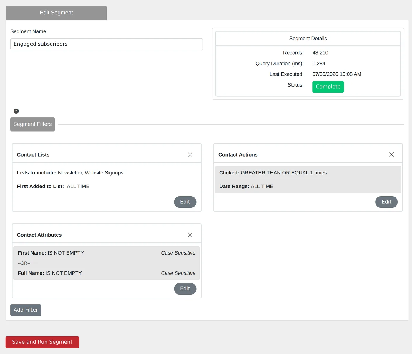 Segment editor with Contact Lists, Contact Actions and Contact Attributes filters and 48,210 matching records