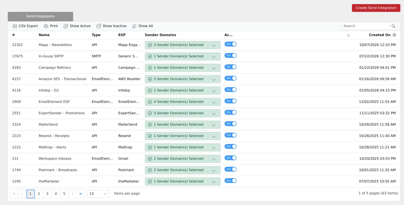 Send Integrations list with Mapp, Amazon SES, Postmark, Resend, Mailtrap, Workspace inboxes and other providers, each with its sender domains